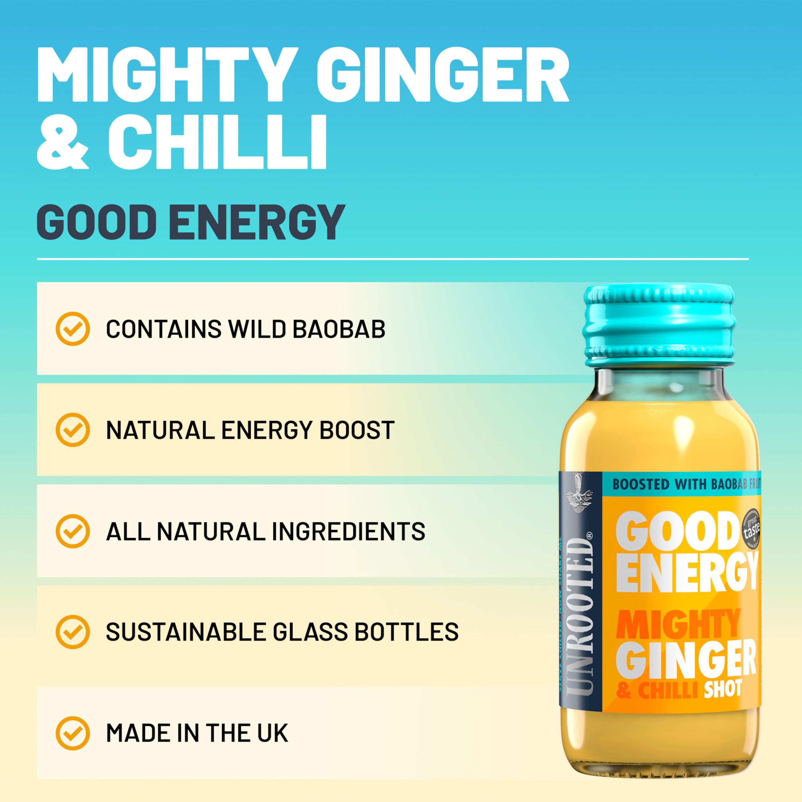 UNROOTED Good Energy Shot multipack box showcases 12 bottles for daily energy.