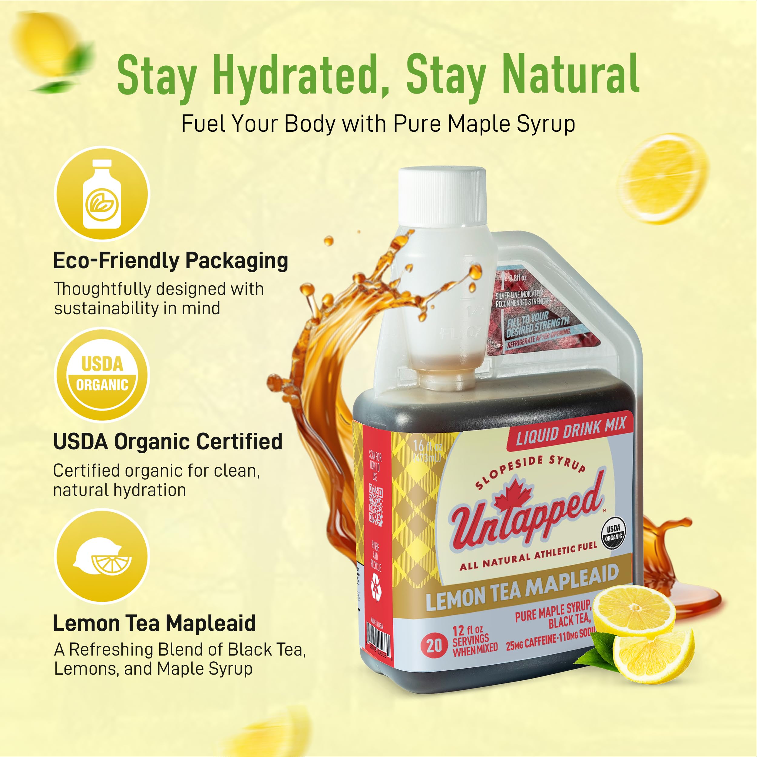 Untapped Lemon Tea Mapleaid label highlighting Vermont origin and sustainable sourcing