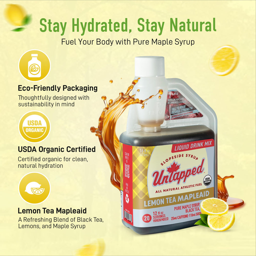 Untapped Lemon Tea Mapleaid label highlighting Vermont origin and sustainable sourcing