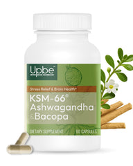 Upbe Ashwagandha capsules bottle front showing vegan formula for stress support