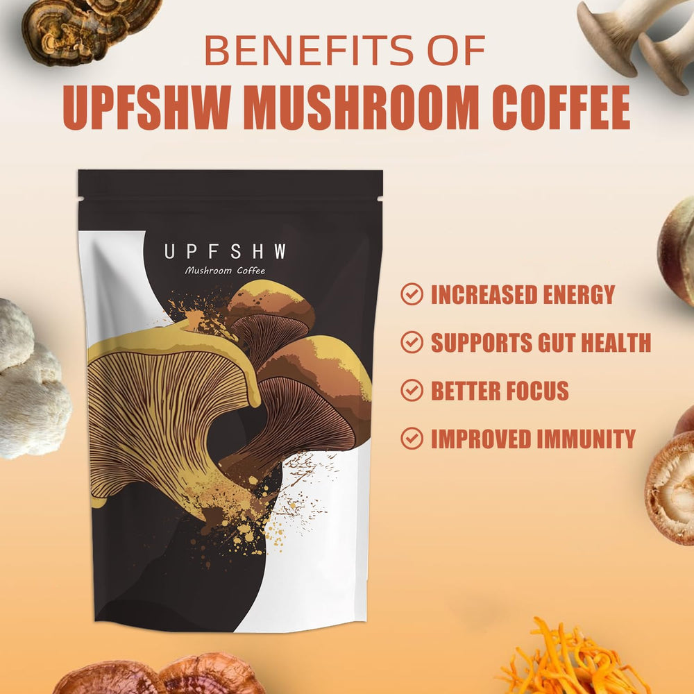UPFSHW Mushroom Coffee cup steam highlights focus-boosting aroma and quick prep.