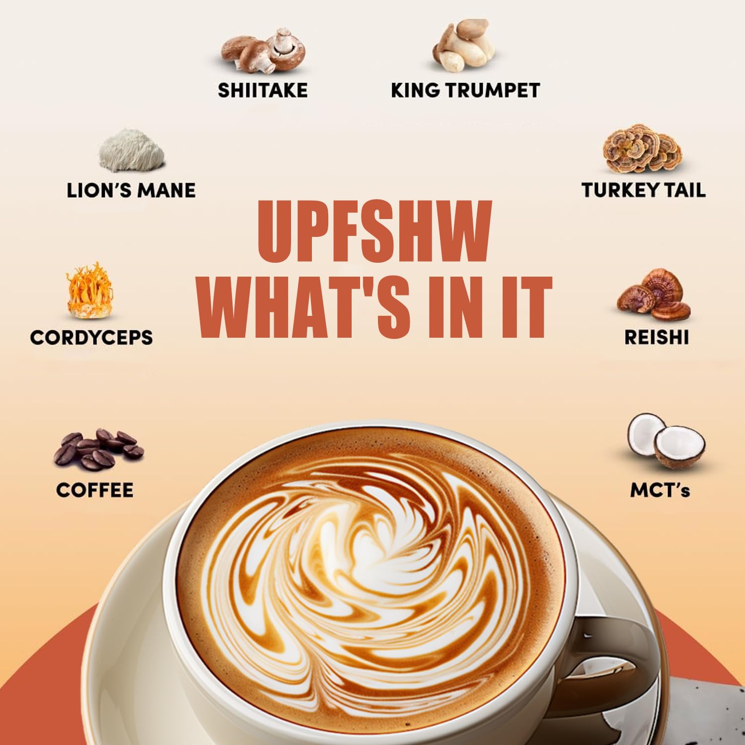 UPFSHW Mushroom Coffee ingredient closeup shows lion's mane and cordyceps quality.
