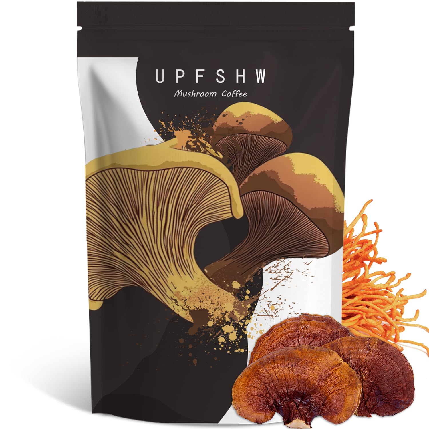 UPFSHW Mushroom Coffee organic label signals natural, additive-free ingredients.