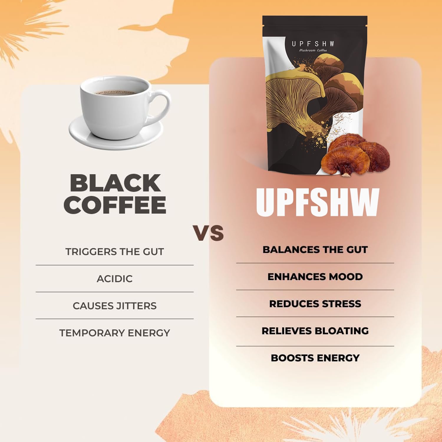 UPFSHW Mushroom Coffee packaging label highlights organic and vegan attributes.