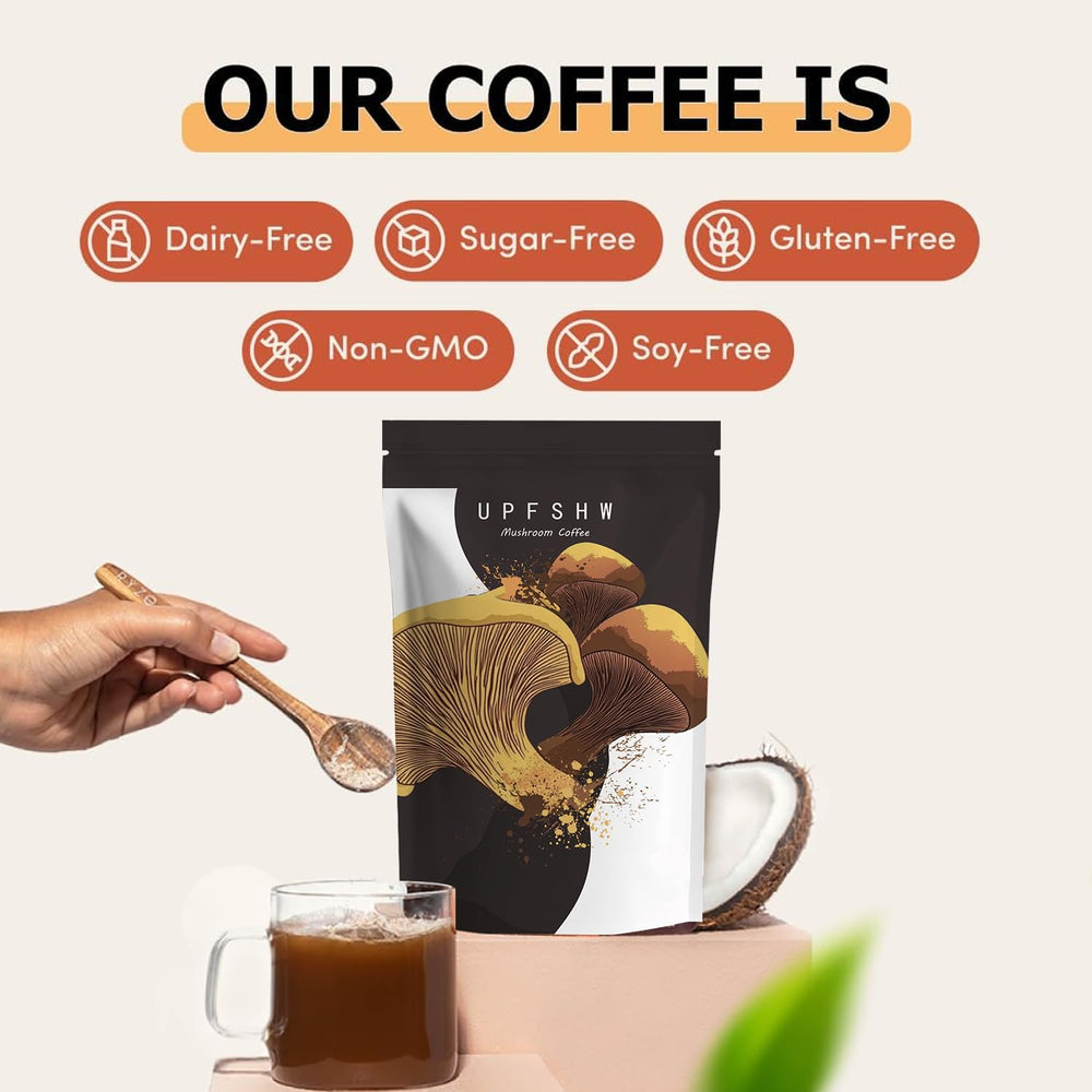 UPFSHW Mushroom Coffee ready mix on counter enables dairy-free mornings.