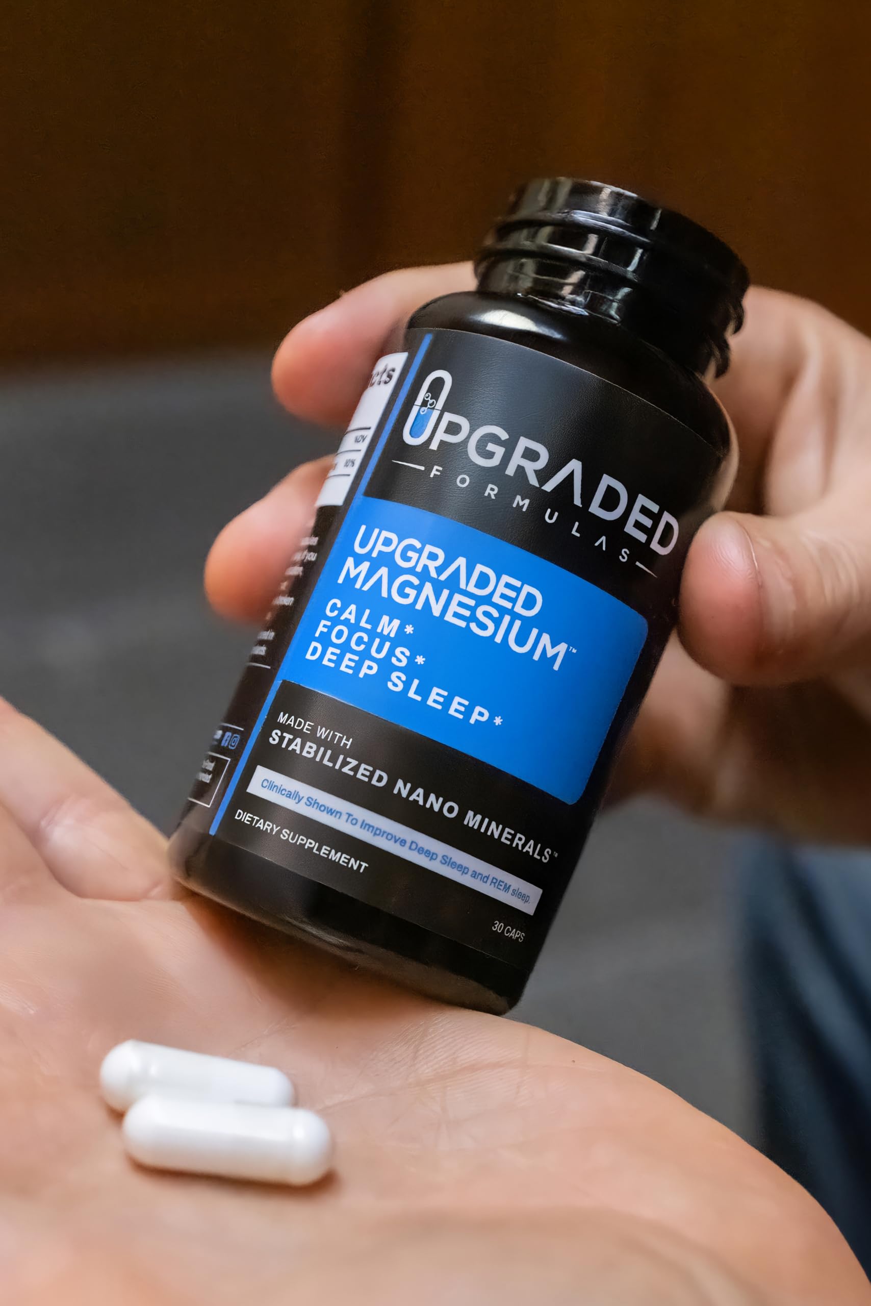 Upgraded Formulas Nano Magnesium night-time routine setup with dim lights