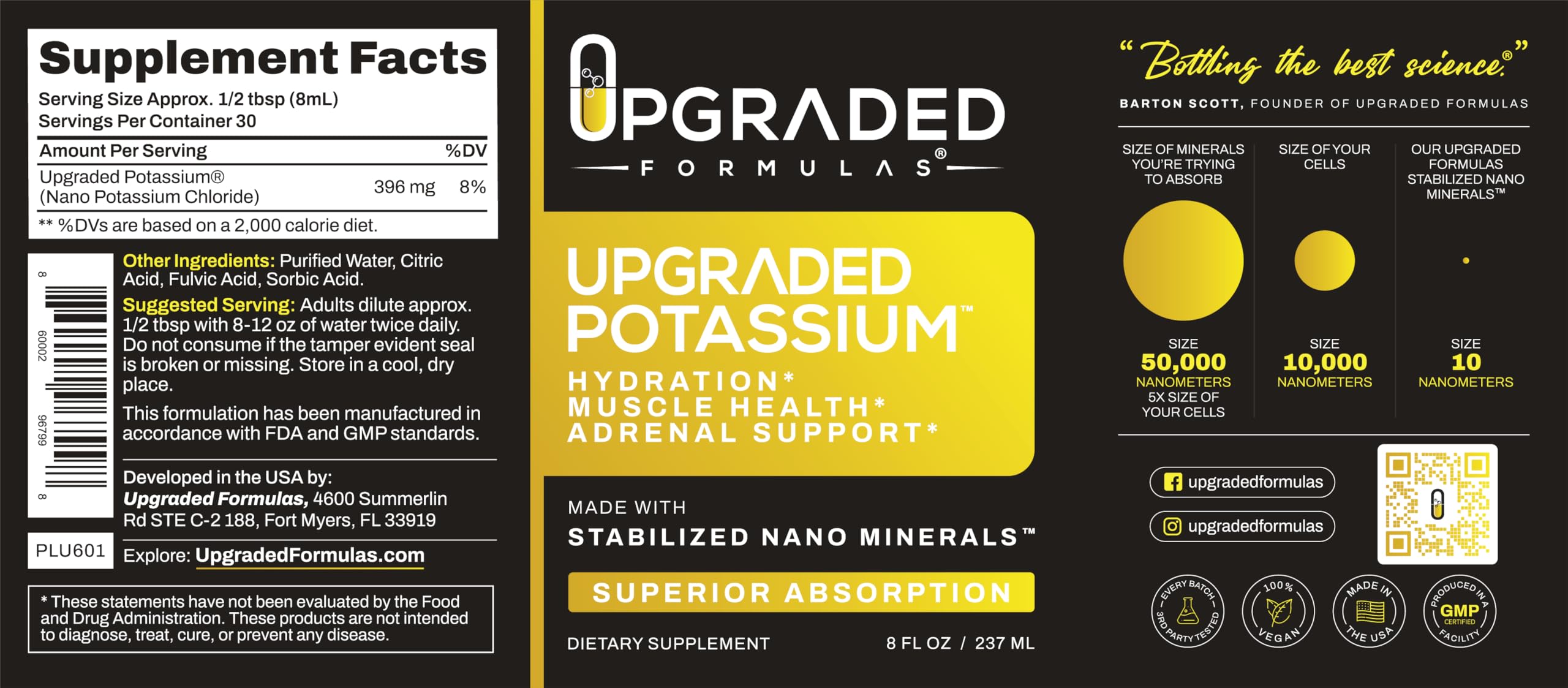 Upgraded Formulas Potassium ingredients panel shows vegan, organic formula
