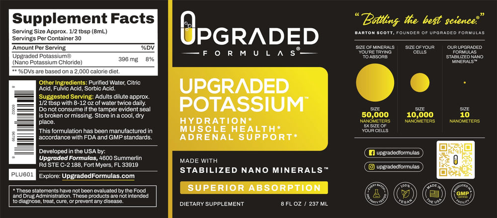 Upgraded Formulas Potassium ingredients panel shows vegan, organic formula