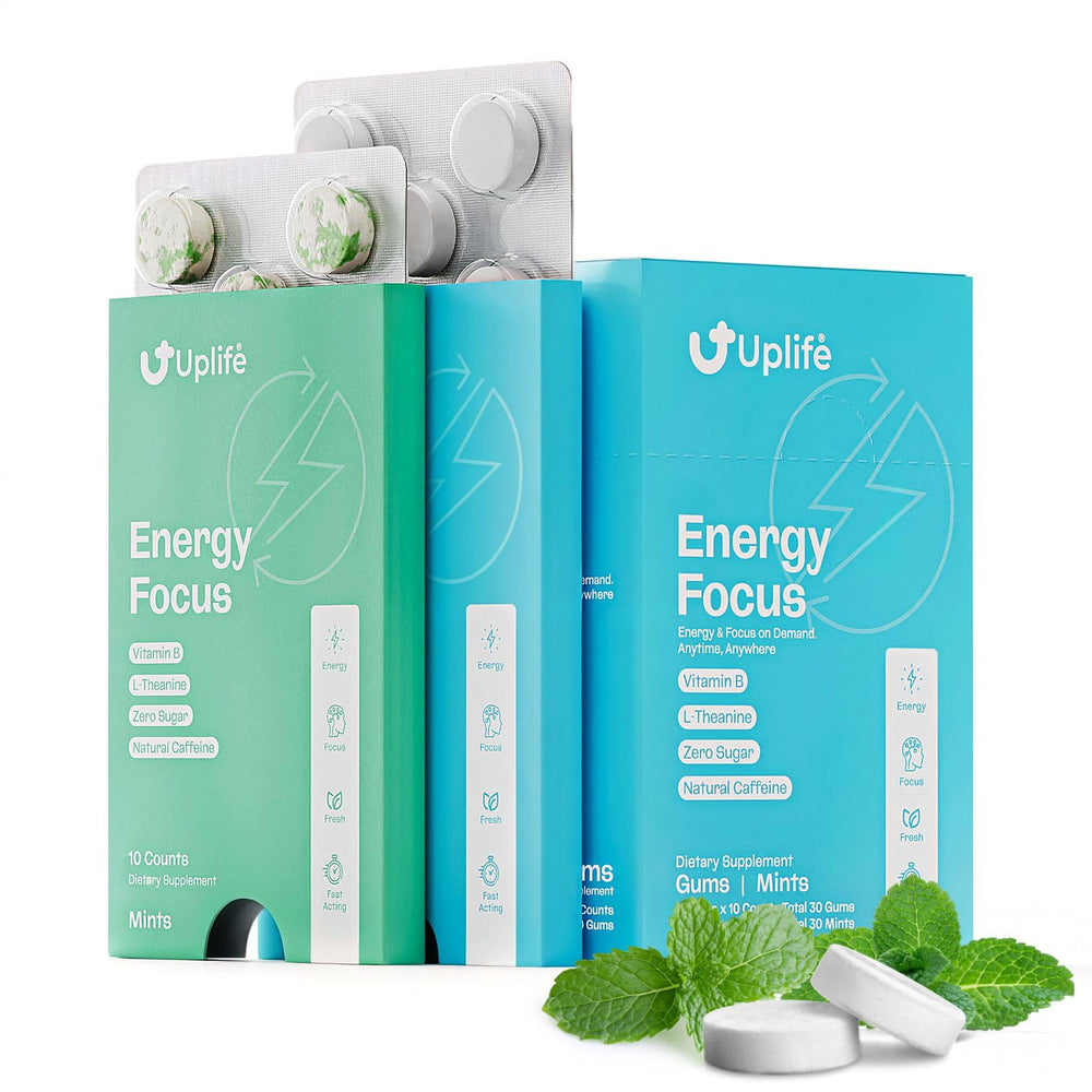 UPLIFE Energy Gums packet for quick caffeine boost and fresh breath.