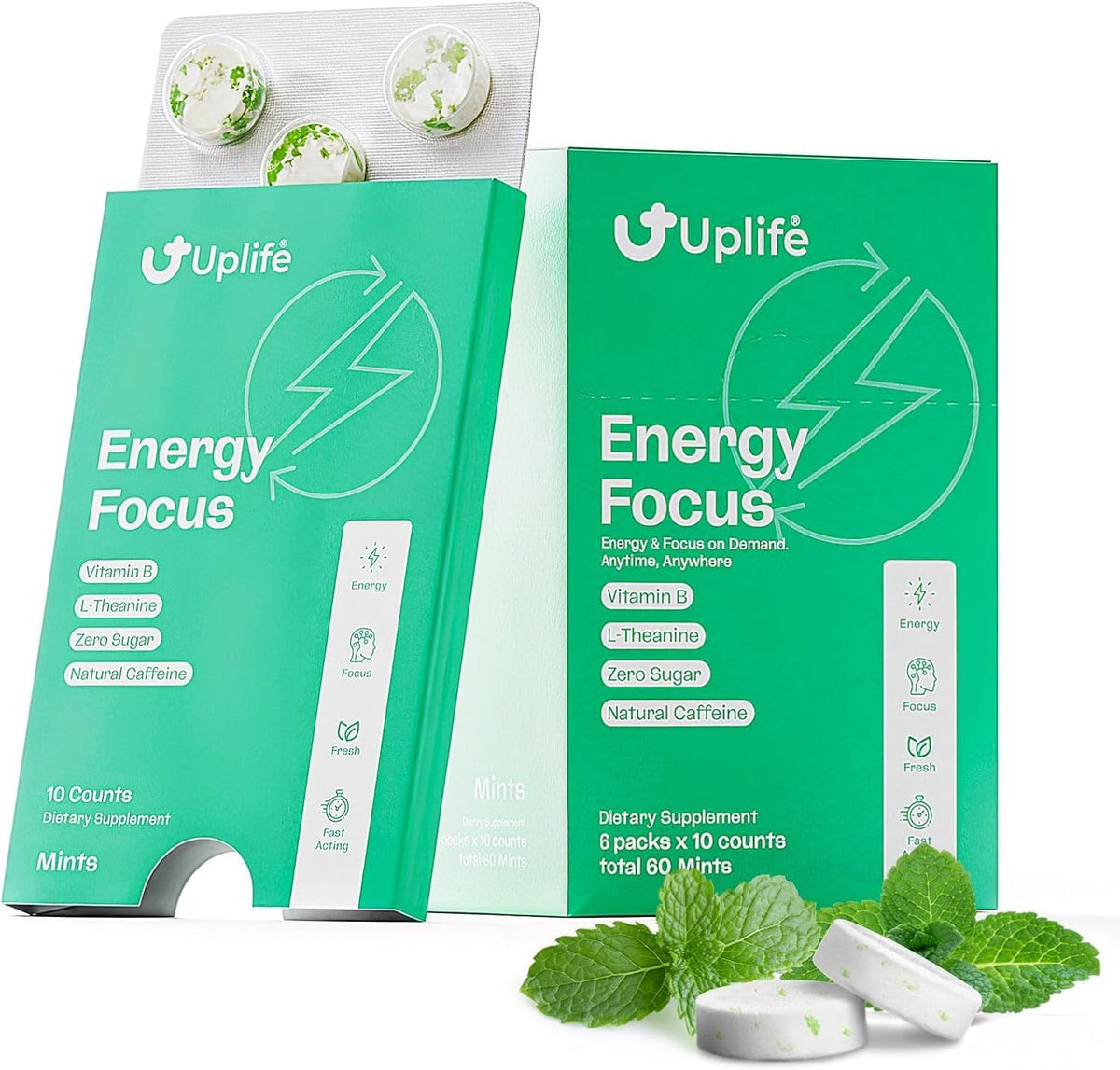 UPLIFE Energy Mint gum piece for a clean, sugar-free energy boost.
