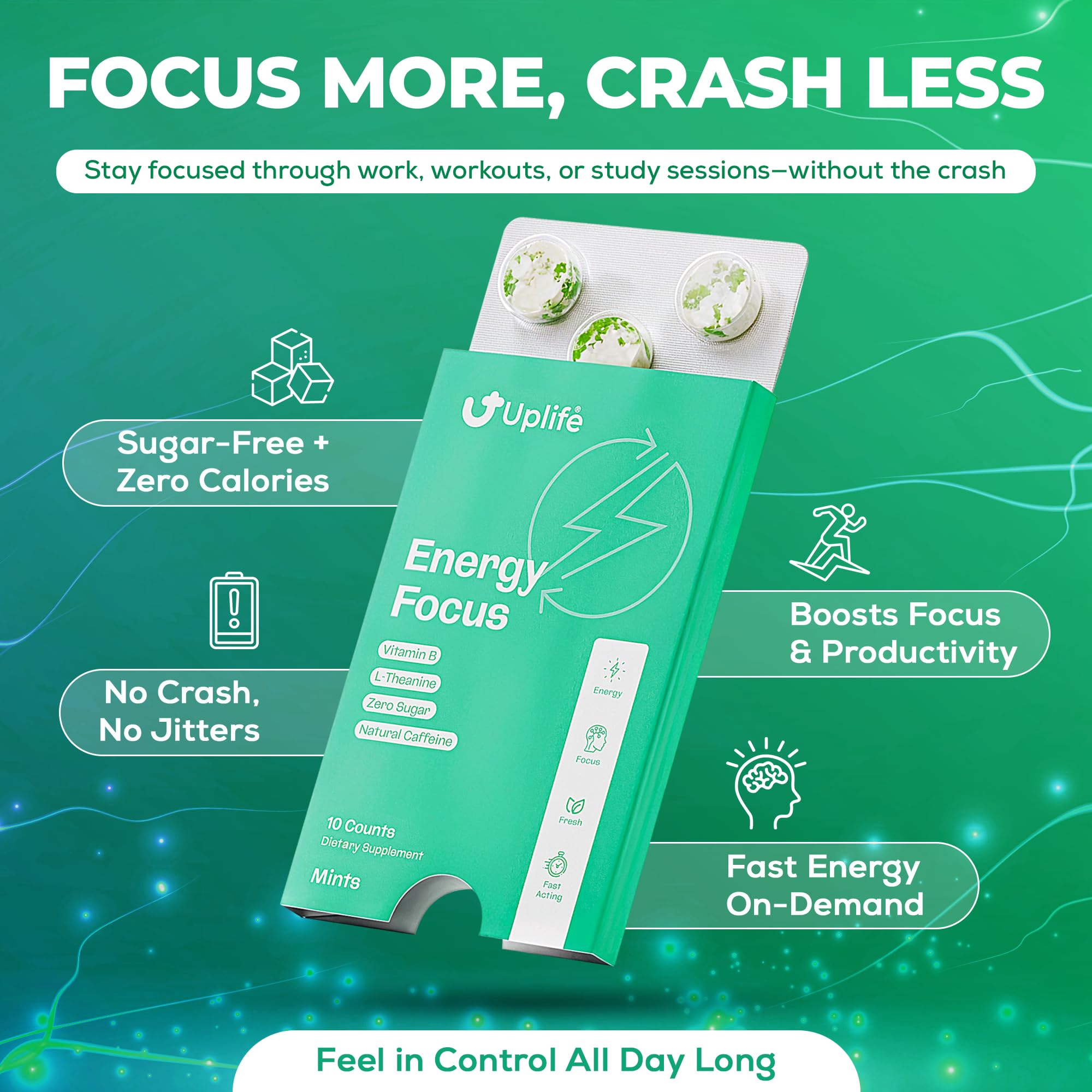 UPLIFE Energy Mint gum USA made badge signals quality and safety.