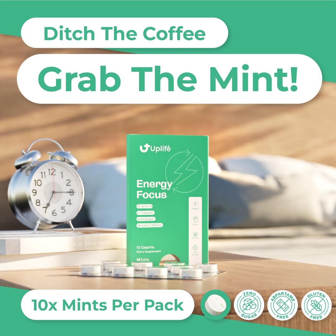 Close-up of UPLIFE Energy Mints highlighting crisp peppermint texture and focus aid.