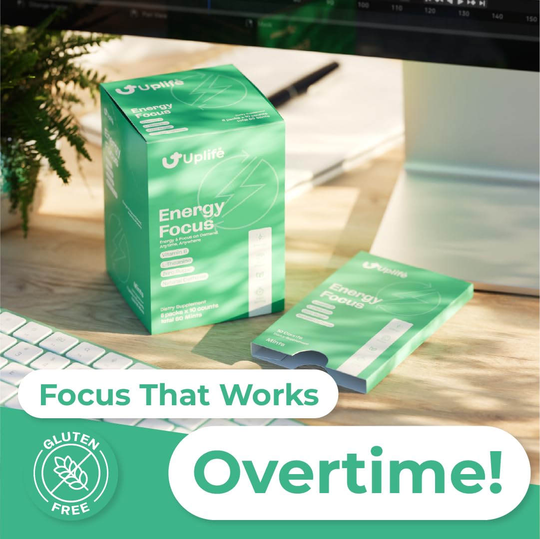 UPLIFE Energy Mints packet delivering rapid focus with minty freshness.