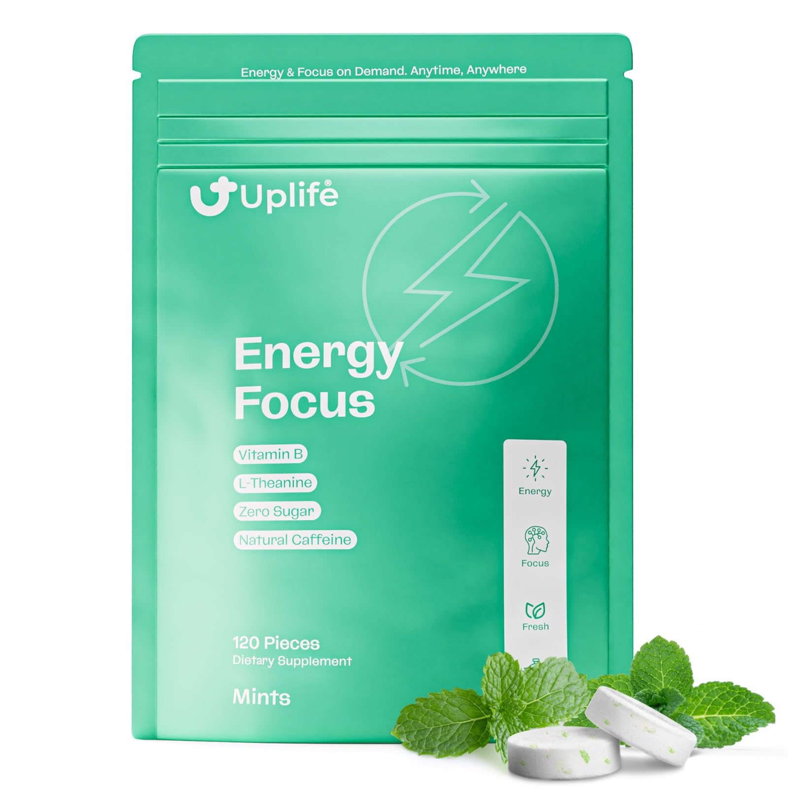 UPLIFE Focus and Energy Mints bottle for portable energy and fresh breath.