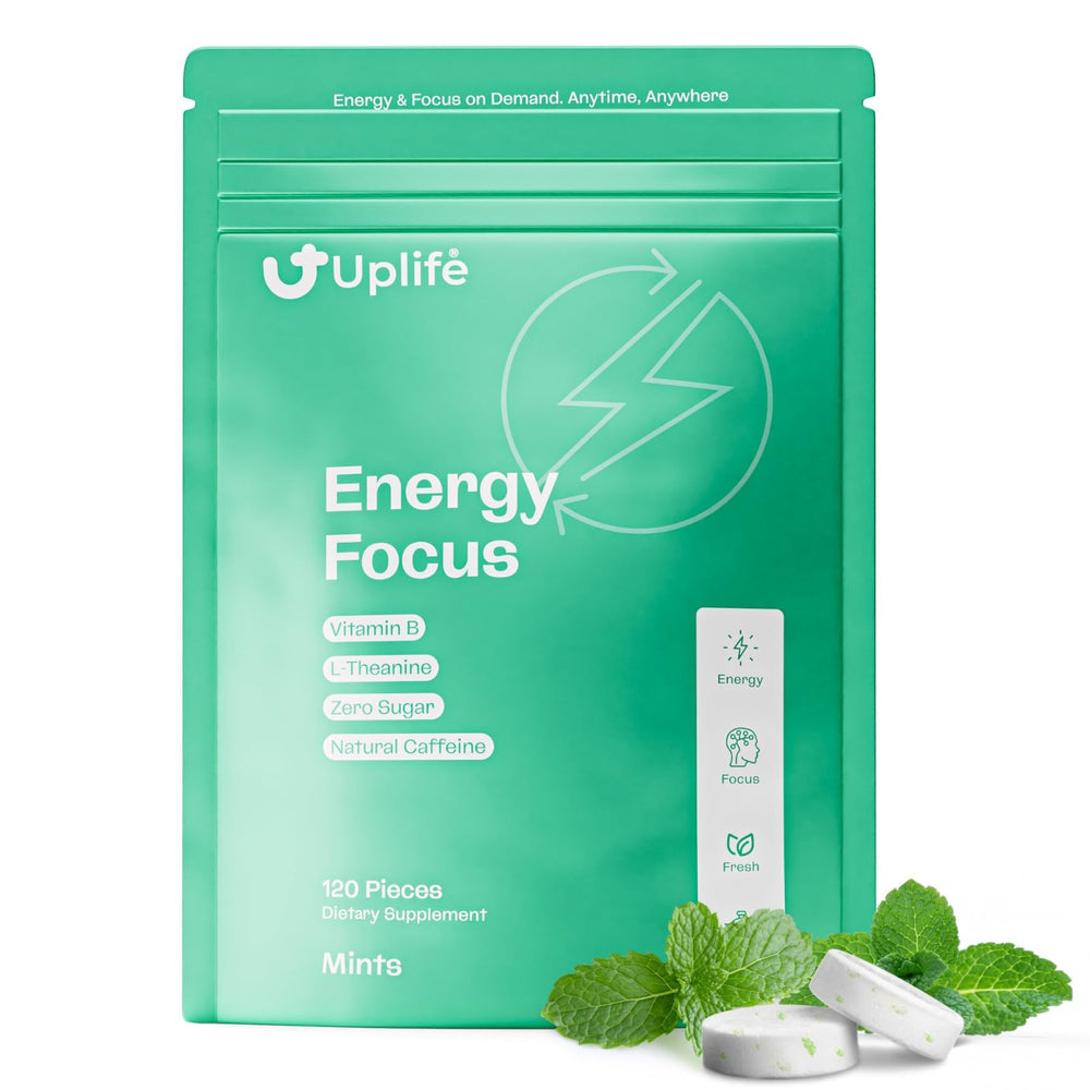 UPLIFE Focus and Energy Mints bottle for portable energy and fresh breath.
