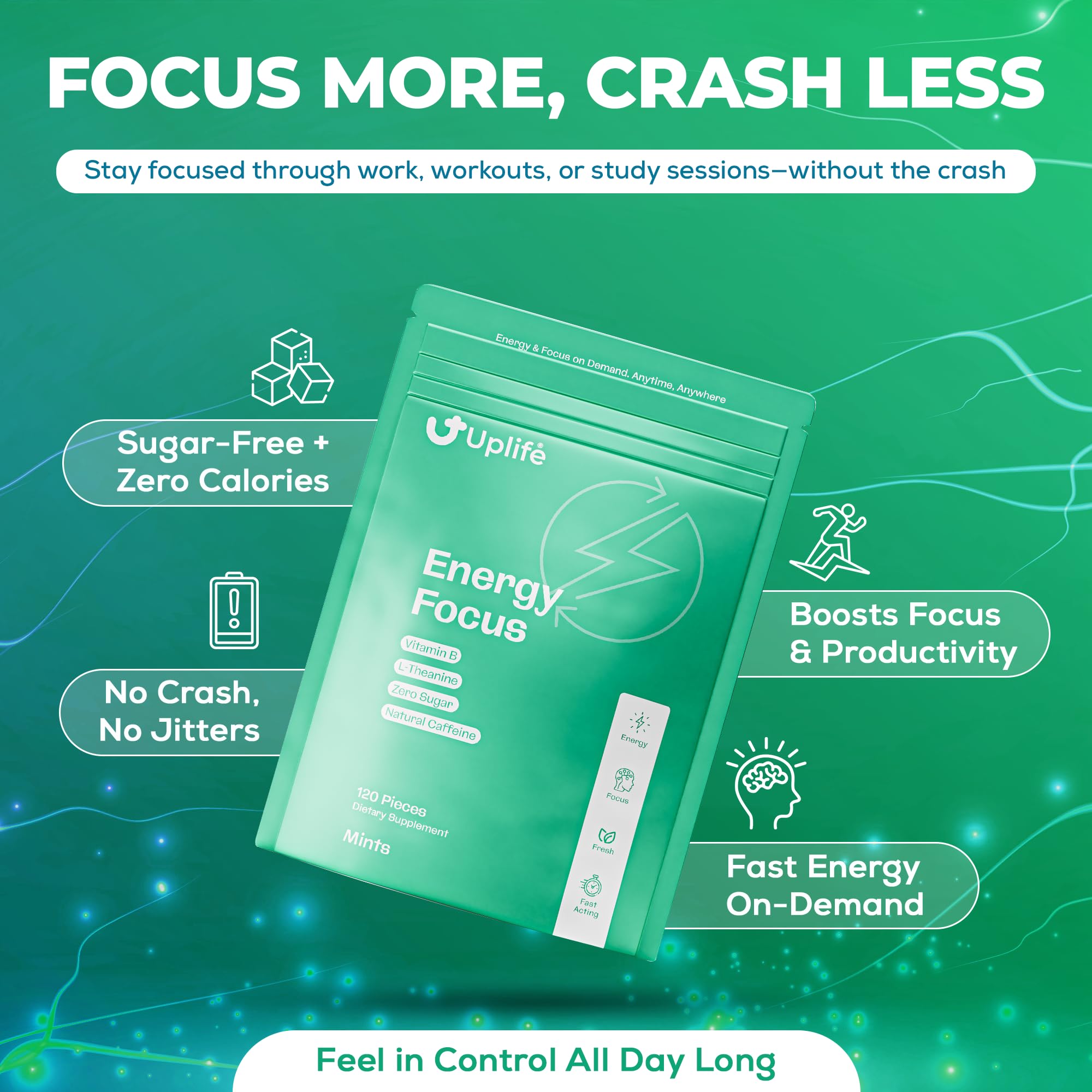 UPLIFE Focus and Energy Mints ingredients label for vegan formula.