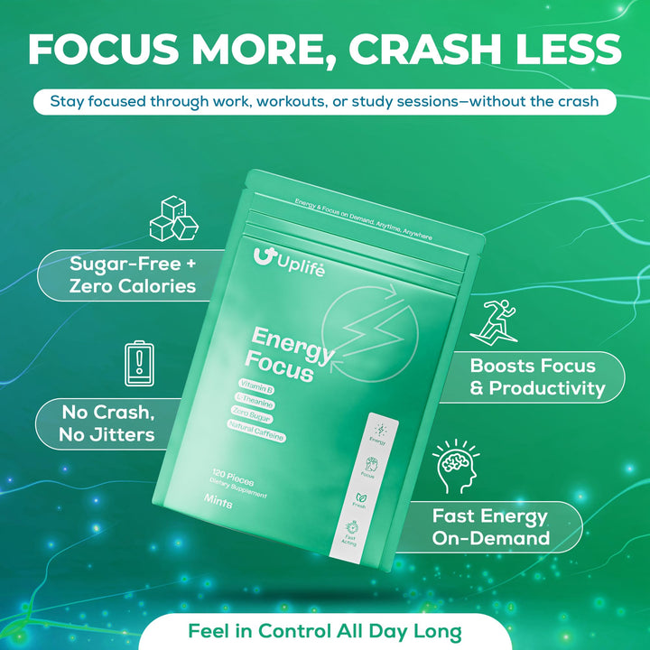 UPLIFE Focus and Energy Mints ingredients label for vegan formula.