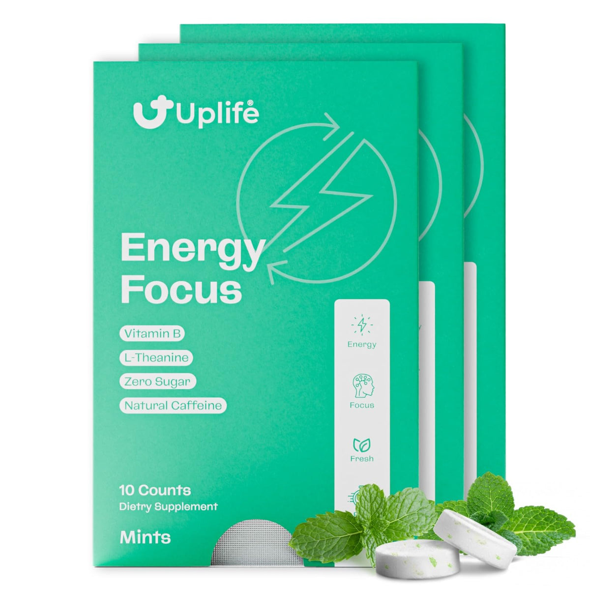 UPLIFE Focus Energy Mints packaging emphasizes sugar-free on-the-go energy for study sessions