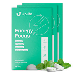 UPLIFE Focus Energy Mints packaging emphasizes sugar-free on-the-go energy for study sessions