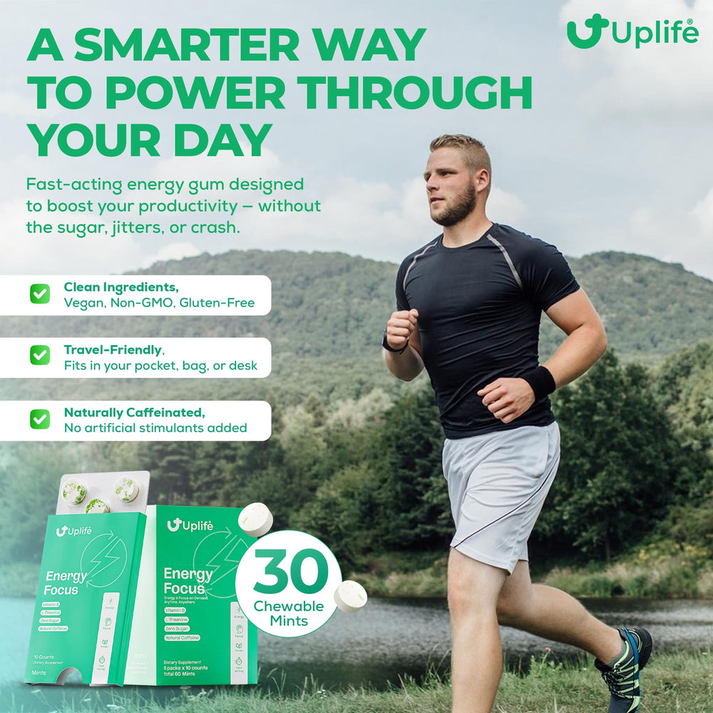 UPLIFE Focus Energy Mints in a travel bag for quick energy during commutes