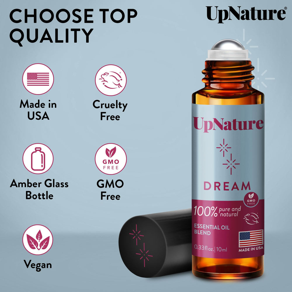 UpNature Dream Sleep roll-on ingredients label highlighting natural oils.