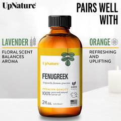 Packaging of UpNature Fenugreek Oil indicating USA-made and cruelty-free standards.