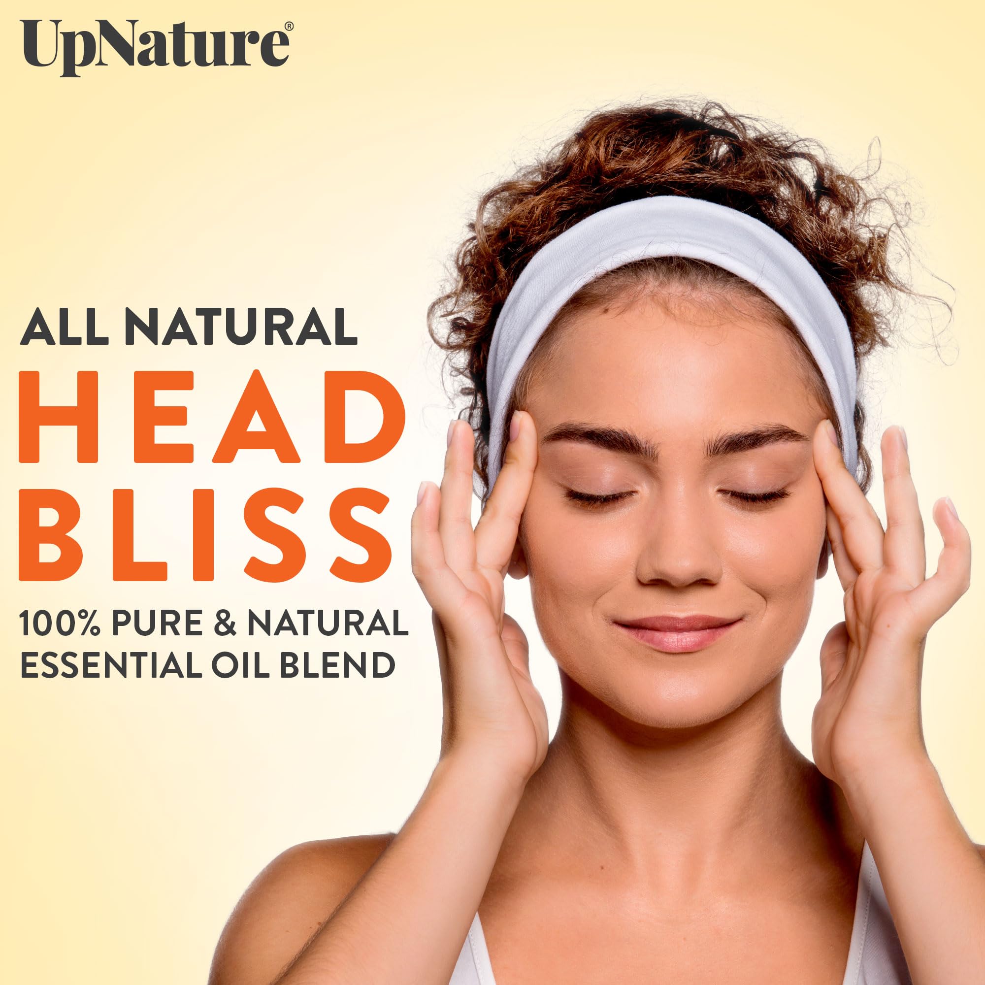 UpNature Head Bliss apply-temples demonstrates quick soothing aromatherapy for focus.