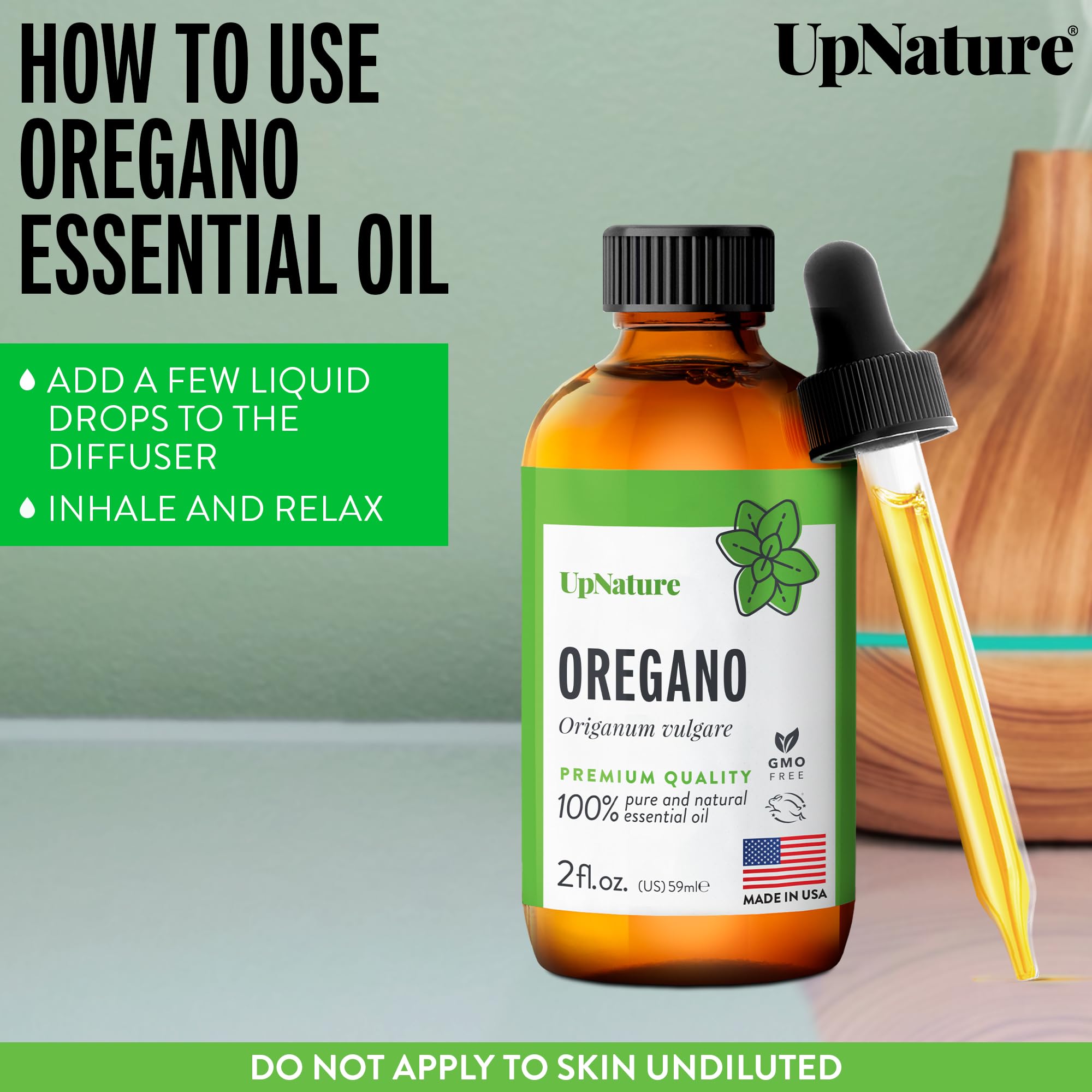 2oz UpNature packaging emphasizes USA-made essential oil quality