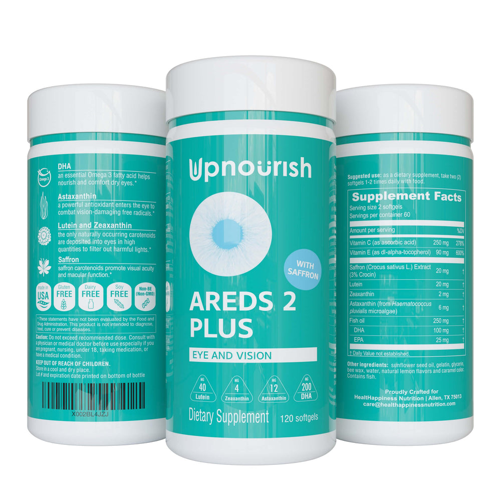 UpNourish AREDS2 Plus eye vitamin bottle on counter for daily vision support