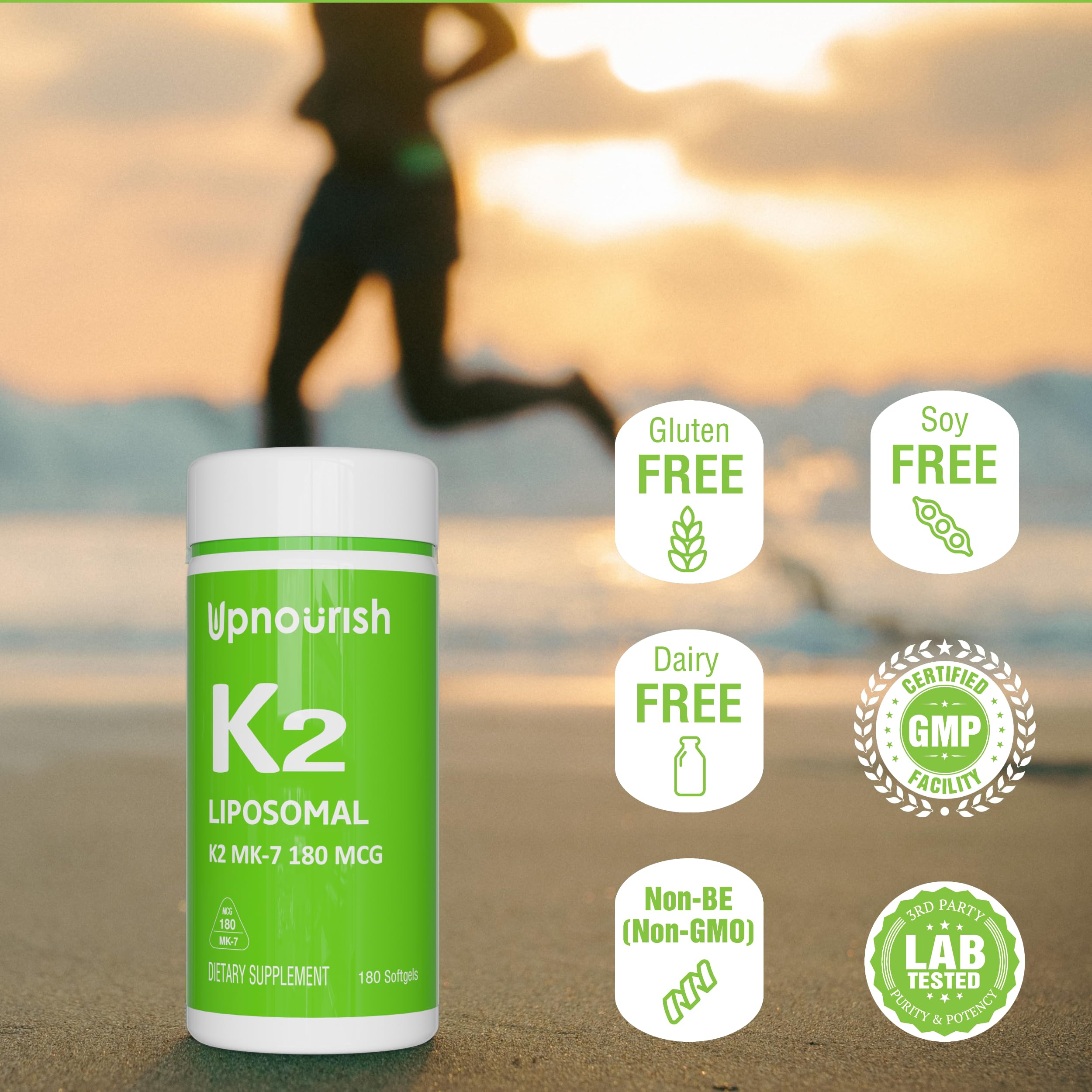 UpNourish MK7 bottle indicating bone and heart health potential.