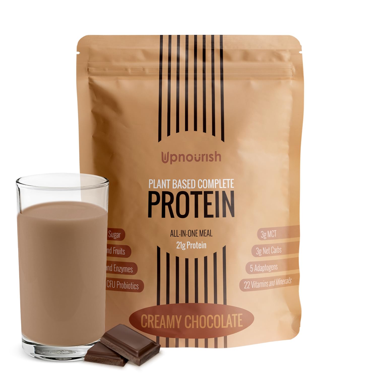 UpNourish Chocolate Vegan Protein Powder tub shows 54 nutrients for a quick nutritious meal