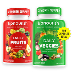 UpNourish fruits and veggies capsules bottle on kitchen counter for daily nutrition