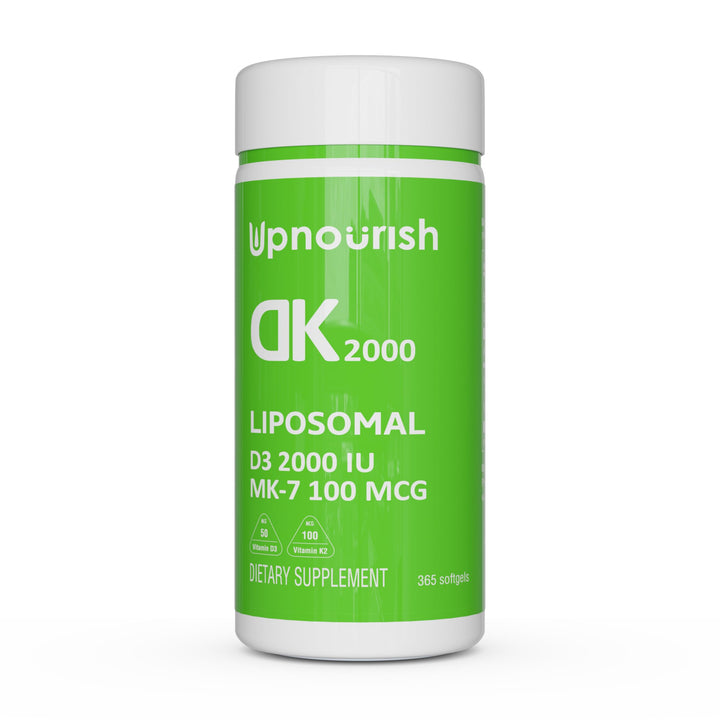 UpNourish liposomal D3 K2 bottle closeup showing dosage and labeling
