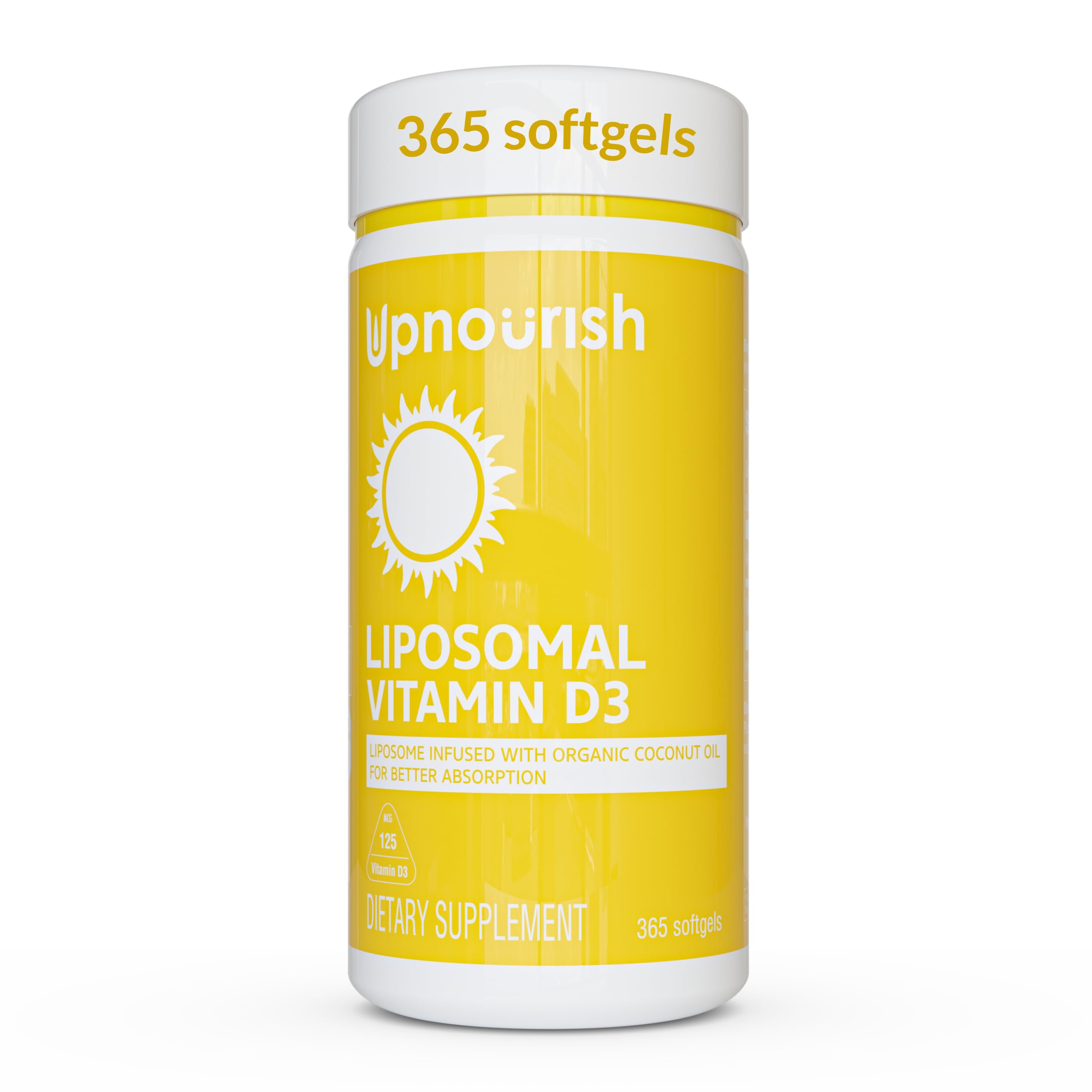 UpNourish liposomal D3 softgels bottle showing 5000 IU for immune support
