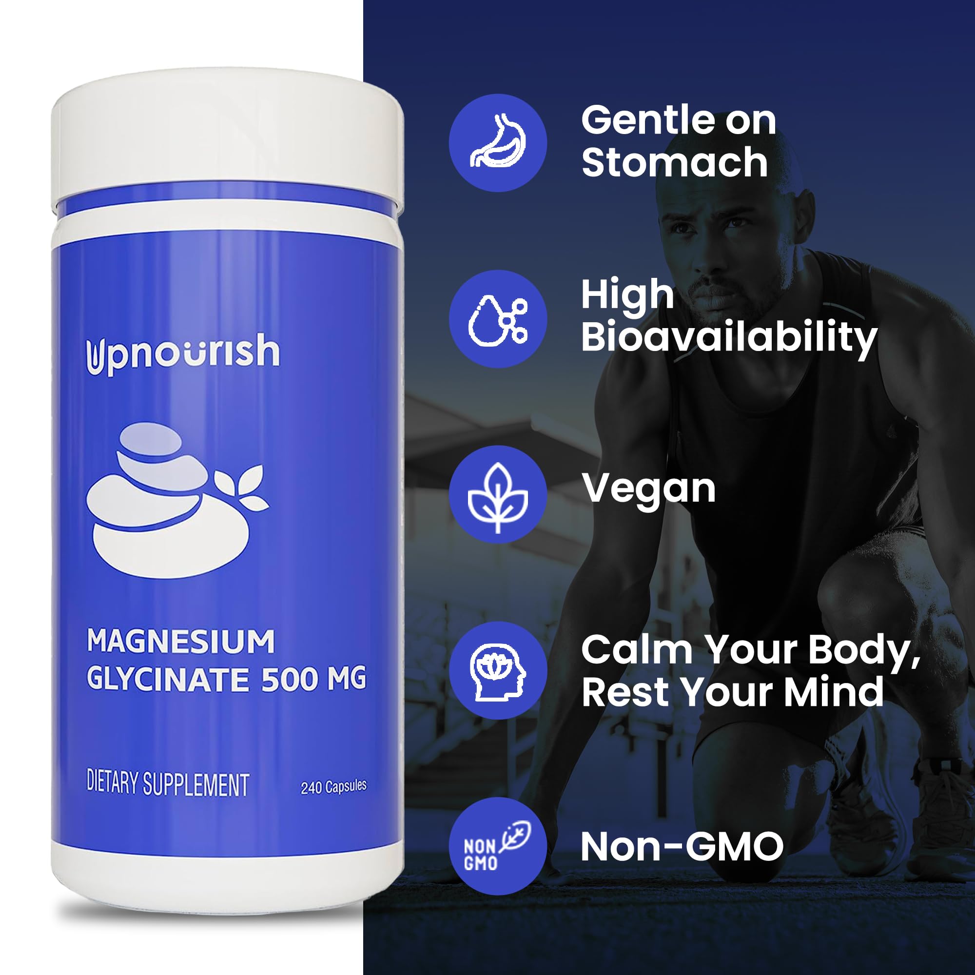 UpNourish magnesium glycinate capsules beside relaxing decor implying stress support