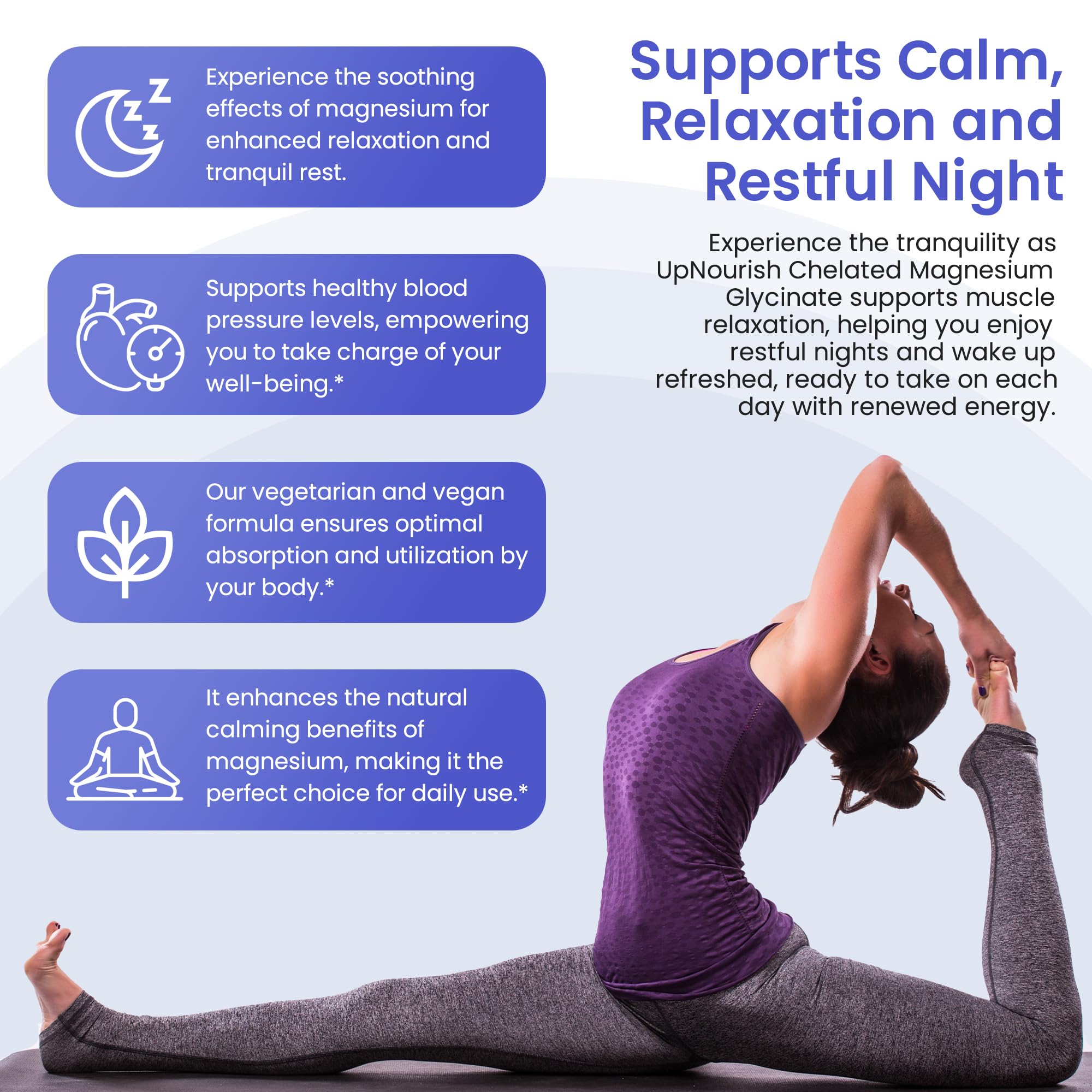 UpNourish magnesium glycinate capsules on a light backdrop emphasizing gentle digestion