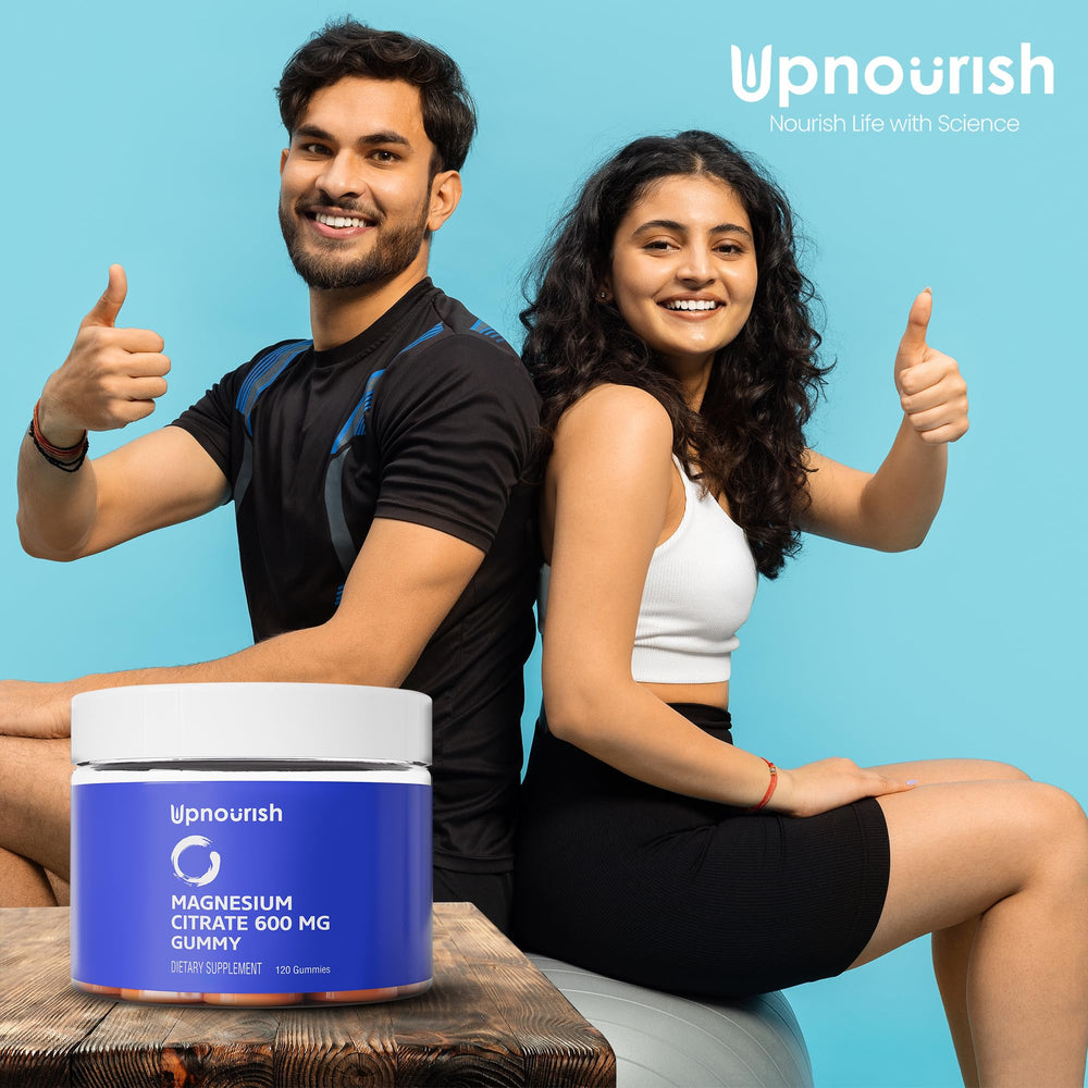 UpNourish Magnesium Gummies daily-use setup with easy-to-take orange gummies