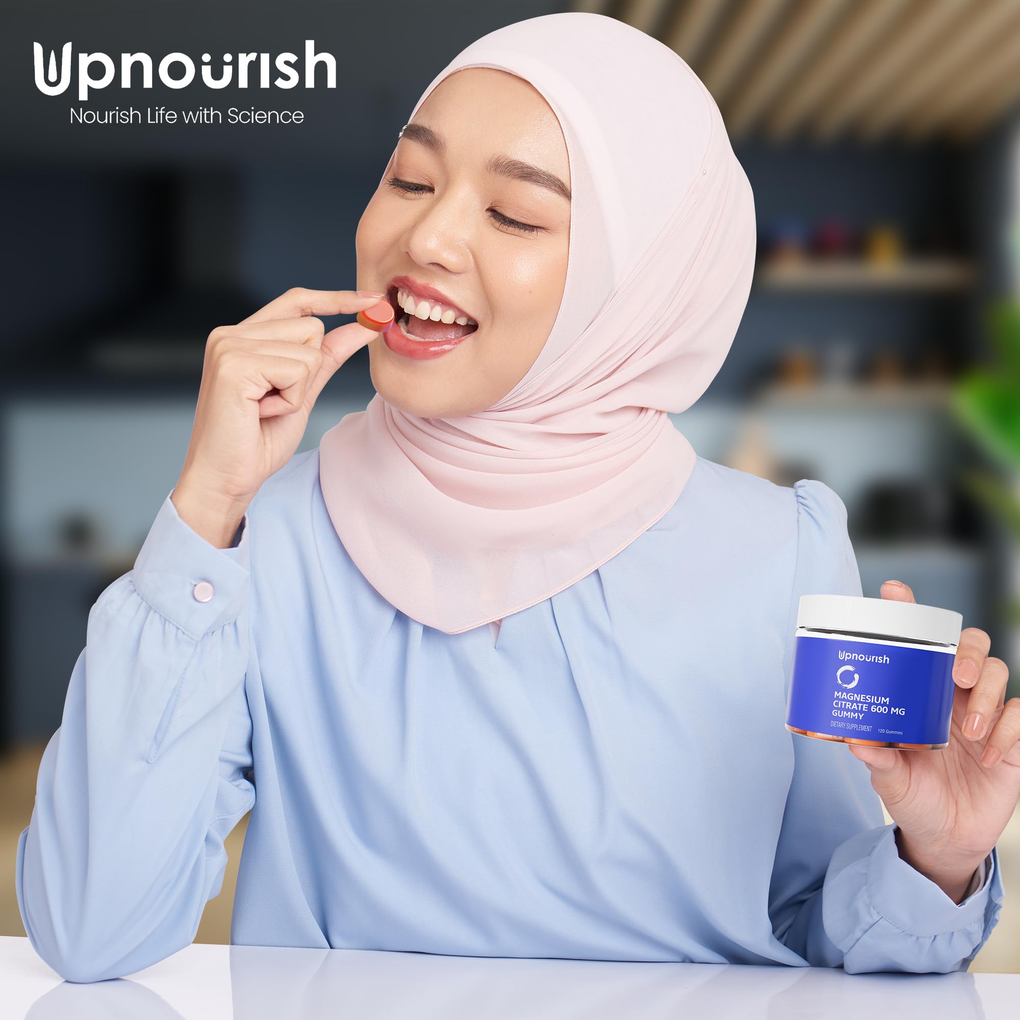 UpNourish Magnesium Gummies night-time-relaxation imagery suggesting calm evenings