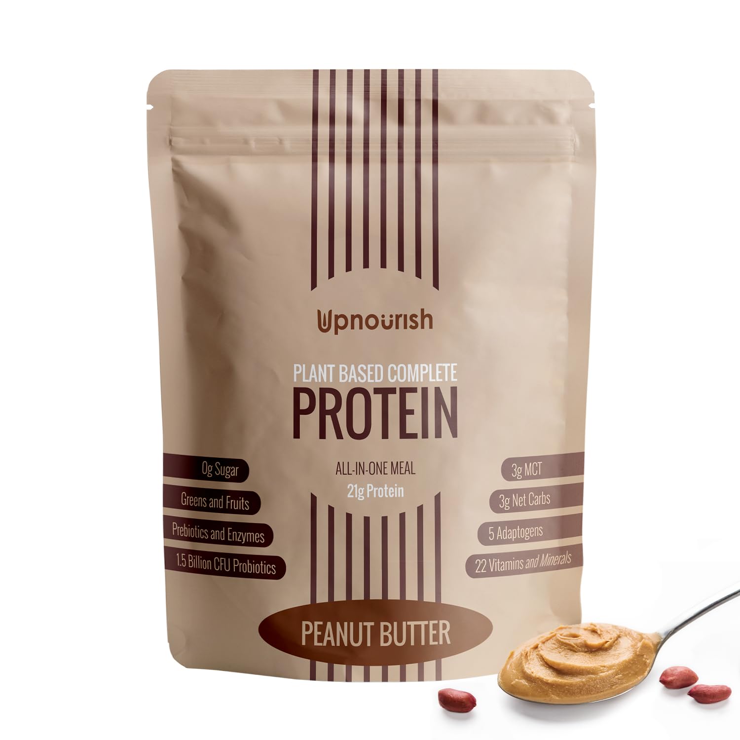 UpNourish peanut butter vegan protein powder jar showing 54 superfoods blend for daily protein