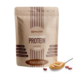 UpNourish peanut butter vegan protein powder jar showing 54 superfoods blend for daily protein