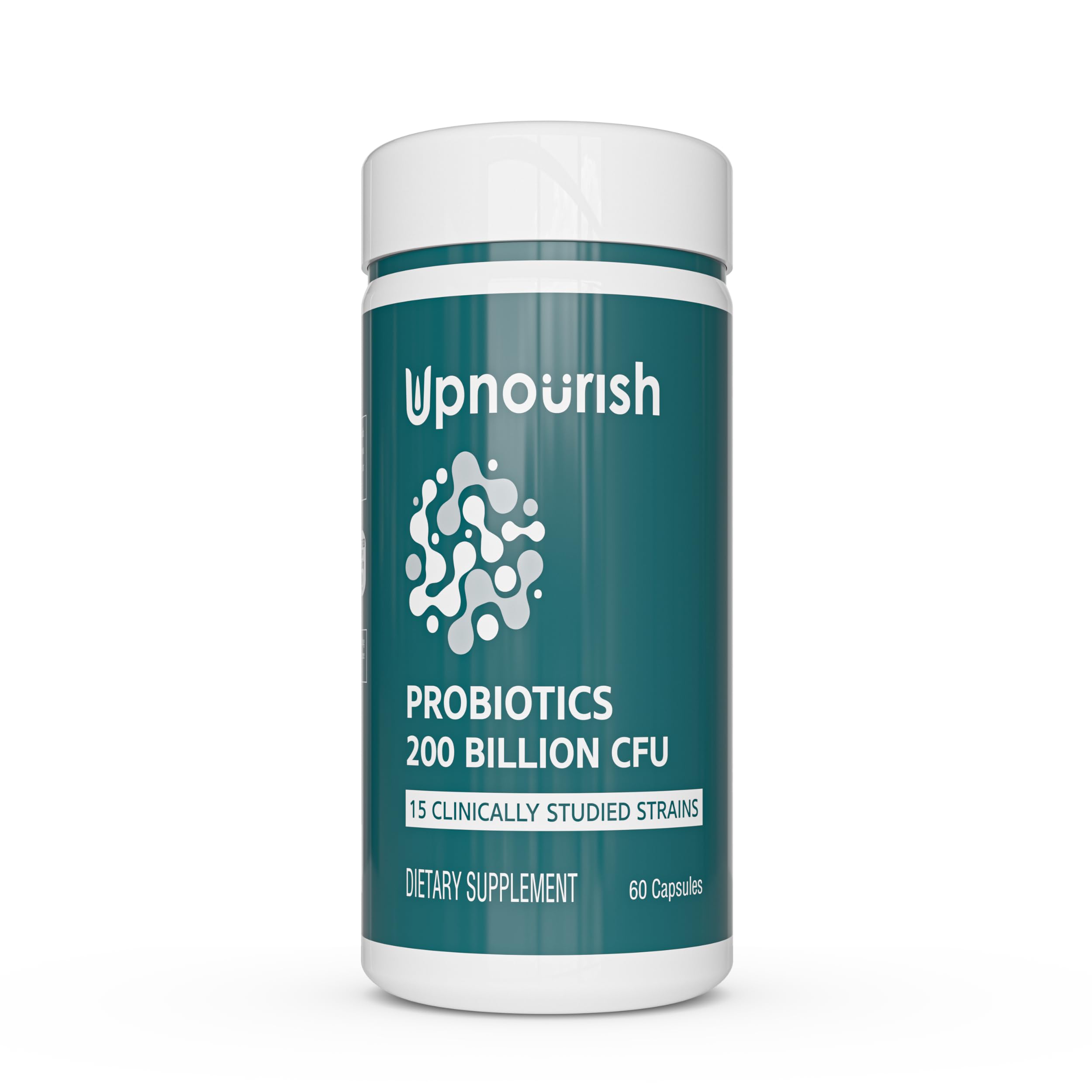 UpNourish Probiotics bottle front showing 60 vegan capsules for daily digestive support.
