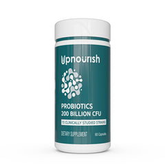 UpNourish Probiotics bottle front showing 60 vegan capsules for daily digestive support.
