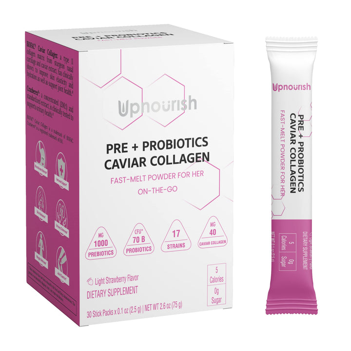 UpNourish Probiotics and Caviar Collagen packets for daily digestive and skin support.