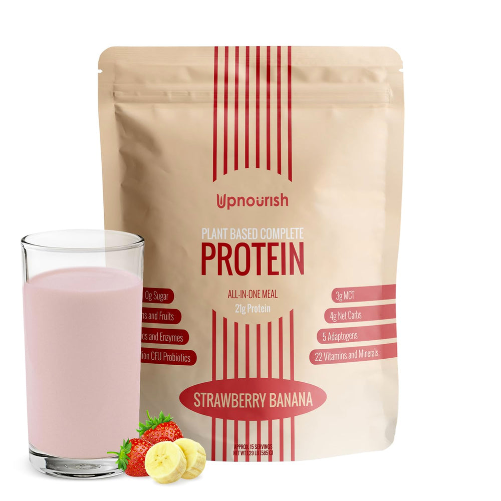 UpNourish Strawberry Banana Vegan Protein Powder tub front, dairy-free protein for vegan meals