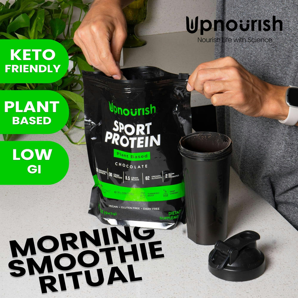 UpNourish vegan sport protein chocolate ingredients panel close-up.