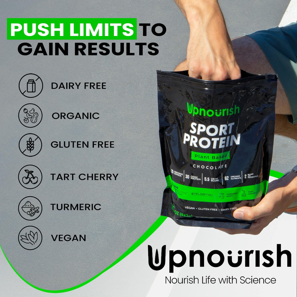 UpNourish vegan sport protein chocolate probiotics bottle on counter.