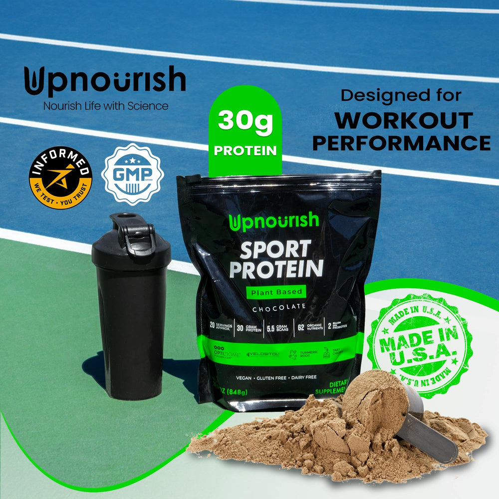 UpNourish vegan sport protein chocolate tub back showing ingredients.