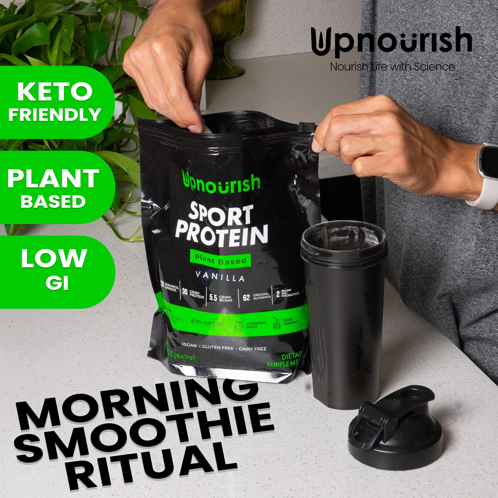 UpNourish Vegan Sport Protein Powder Vanilla tart cherry note for recovery