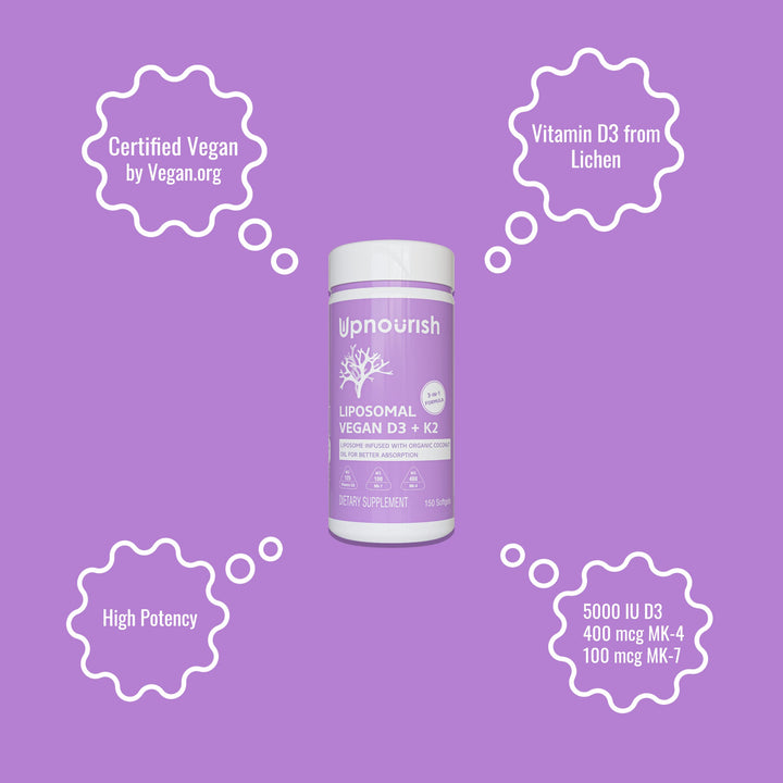 UpNourish vegan vitamin d3-k2 label highlights organic, non-GMO formula