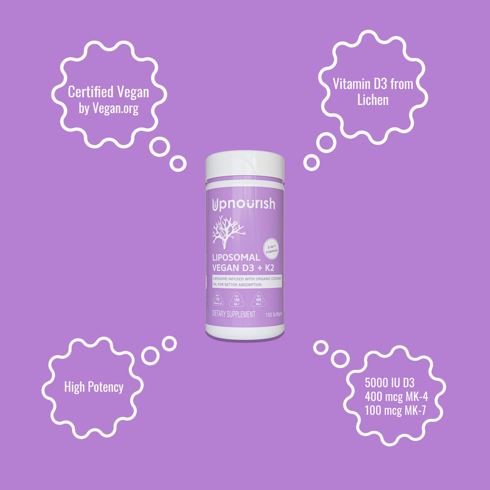 UpNourish vegan vitamin d3-k2 label highlights organic, non-GMO formula